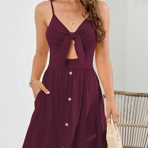 LAISHEN Womens Burgun Sundress V Neck Tie Knot Front Spaghetti Strap Dress
